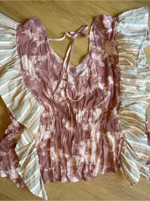 XL Boutique Pink/Purple white Tie-dye Cotton Blouse Striped Ruffle Peplum Crop thumbnail 8