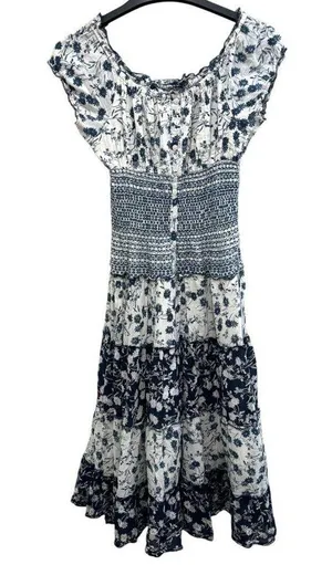 Mixed floral print boho smocked shirred midi maxi patchwork navy white dress thumbnail 12