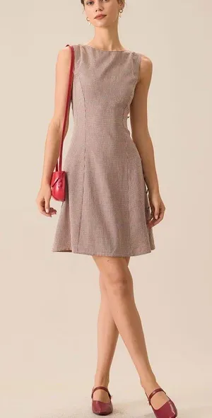 Rihoas Women's Boat Neck Brown Plaid Mini Dress thumbnail 1