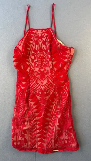 Angel Biba Red Lace Mini Dress Open Back Halter Geometric Embroidery Size 8 thumbnail 1