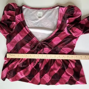Maeve Anthropologie Pink Plaid Velvet Babydoll Top Medium‎ Coquette Academia thumbnail 11