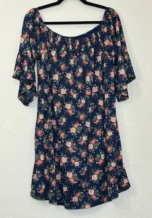 Anthropologie NAÏF Blue Floral Dress L‎ Off Shoulder Bell Sleeve Cottagecore thumbnail 1