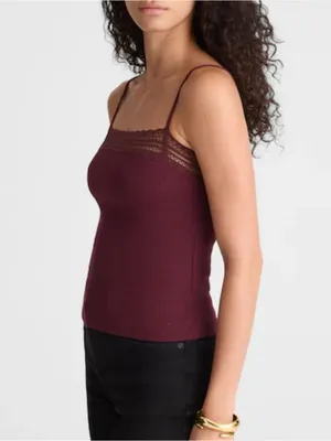 Madewell 90s Camisole Womens Small Ribbed Lace Spaghetti Strap Burgundy Top thumbnail 2