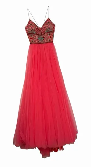 Sherri Hill 50474 A Line Maxi Formal Dress Red Pink Tulle 2 Beaded Homecoming thumbnail 1