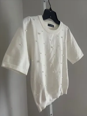 SheIn Ivory Cream Short-Sleeve Pearl-Embellished Sweater Knit Preppy Size Small thumbnail 1