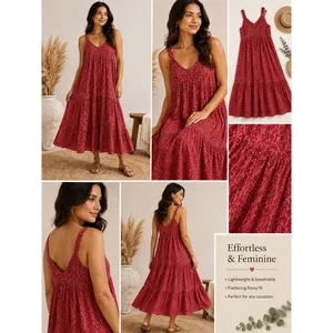 Joie Red Pink Abstract Print Cotton Tiered Maxi Dress Sleeveless V-Neck XL thumbnail 2