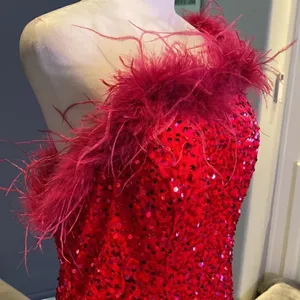 Women’s Pink Short Feather & Sequin One Shoulder Prom Party Dress Size 14 *READ thumbnail 3
