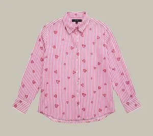 Jane + Delancey Pink White Striped Heart Embroidered Button Down Shirt Large thumbnail 1