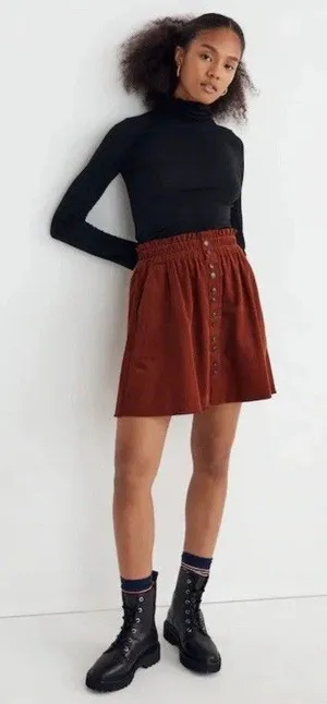 Madewell Brown Corduroy Paperbag Button-Front Mini Skirt Dusty Redwood Sz S thumbnail 1