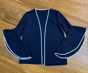 Zara Basic Top Womens Small Navy Bell Sleeve Cardigan White Trim Open Front Work Blue thumbnail 1