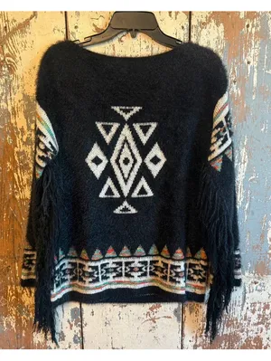 Jodifl Aztec Women's Eyelash Sweater Black Fringe Western size Medium thumbnail 5