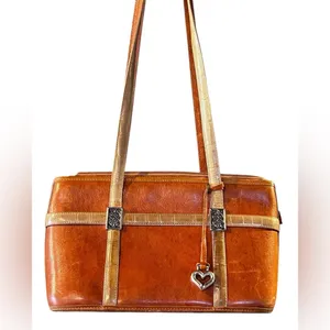 Brighton Shoulder Handbag Vintage Russet Brown Leather Croc Trim Purse Old Money thumbnail 2