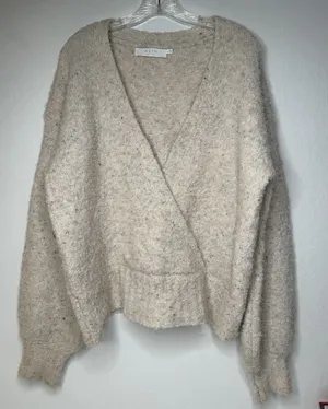 ASTR Cream Long Sleeve‎ Fuzzy Boucle Wool Blend Faux Wrap Sweater Boho Size XL thumbnail 1