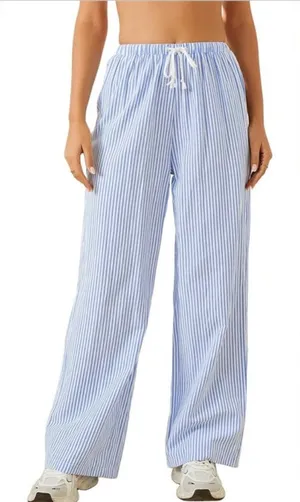NEW Striped Ticking Wide Leg Drawstring Slant Pockets Casual Lounge Pants L thumbnail 1