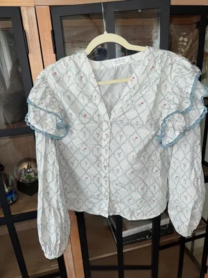 Shop The Mint Rendezvous Medallion Blouse block print top ruffle floral lace thumbnail 9