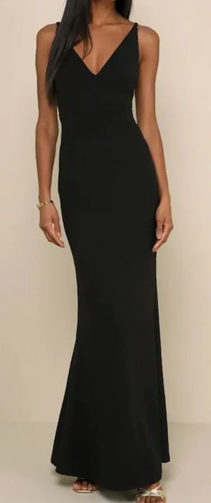 NEW Lulus Melora Black Crepe Bodycon Mermaid Sleeveless Flared Maxi Dress Medium thumbnail 1