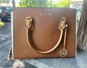 MICHAEL KORS Brown/Tan Saffiano Leather Satchel with Gold Accent thumbnail 1