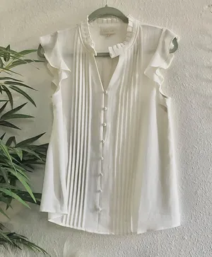 Modcloth vintage inspired sleeveless cami top with neck pleats, button up down, arm sleeve ruffles thumbnail 1