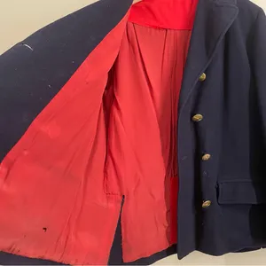 Vintage Navy Wool Pea Coat Red Lining Brass Stag Buttons Double Breasted thumbnail 10
