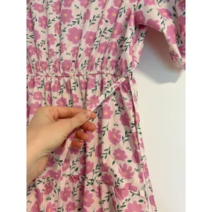 Japanese Floral Tiered Midi Dress Pink Purple Puff Sleeve Elastic Waist Medium thumbnail 3