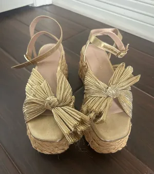 Loeffler Randall Gold Bow Pleated Espadrille Wedge Sandals Ankle Strap thumbnail 1