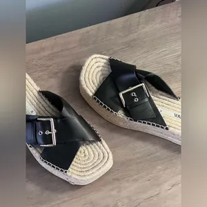Zara Black Leather Espadrille JUTE WEDGE SANDALS thumbnail 5