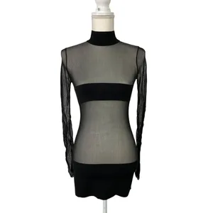MONOT Contrasting Bands Mini Dress in Black 2 New Womens Sheer Panel Long Sleeve thumbnail 4