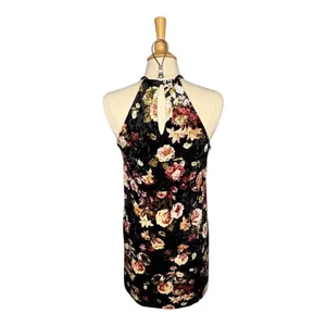Final Touch Floral Velvet Dress Womens Large Black Halter Neck‎ Mini Shift USA thumbnail 4