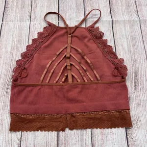Fornia Rust Ribbed High Neck Lace Trim Cage Back Bralette Crop Top S/M thumbnail 1