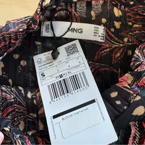 NWT Mango Floral Paisley Metallic Contemporary Ruffle‎ Sheer Blouse Blk Burgundy thumbnail 7