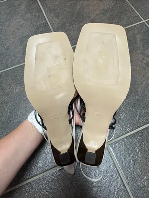 COS Lace Up Strappy Square Toe Sandals Leather Heels Black Cream US 10 EU 41 thumbnail 5