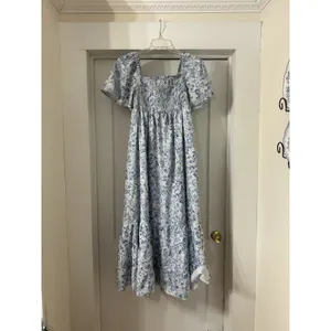 Blue Smocked Floral Toile Puff Sleeve Maxi Dress Cottagecore Ruffle Modest Sz 6 thumbnail 5