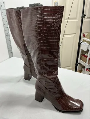 Womans Suedi Knee High Boots Brown Croc Faux Leather 8 Block Heel 1/2 Zip NWOT thumbnail 1