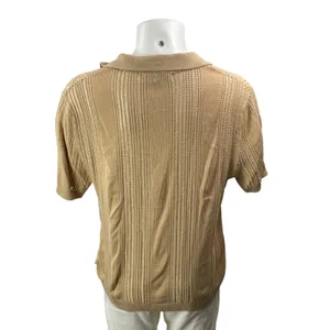 Urban Outfitters Men's Beige Short Sleeves Open Knit Striped Polo Sweater Top L thumbnail 3