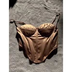 PRETTYLITTLETHING GOLD STRUCTURED SATIN SPLIT HEM HALTERNECK CORSET TOP size 6 thumbnail 3