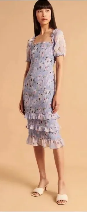 Abercrombie and Fitch Smocked puff sleeve midi dress women's size medium NEW thumbnail 1