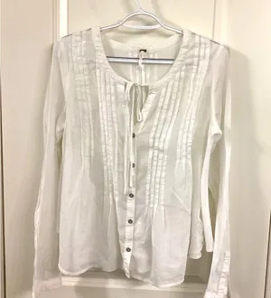 Free People White Long Sleeve Blouse with Tie Front thumbnail 1