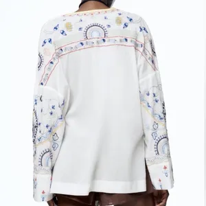 Zara Embroidered Floral‎ Fish Turtle Bird V-Neck Blouse Oyster White Small thumbnail 2