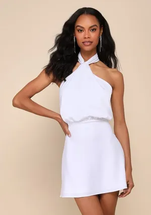 LULU’S Sleek Essence White Satin Halter Sleeveless Mini Dress thumbnail 1