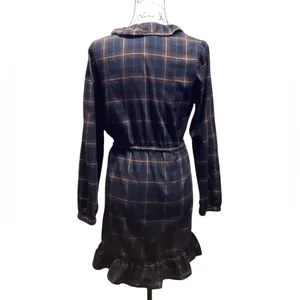 Sunner Navy plaid Cotton Ruffle wrap dress. Size Medium Blue thumbnail 3