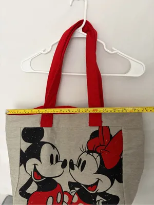 Disney Store Mickey Minnie Mouse Kissing Canvas Tote Bag Red Handles Pocket(F314 thumbnail 2