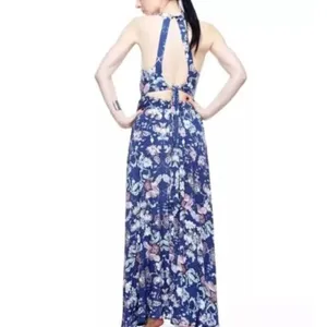 Abel the Label Blue Bell Cottage Floral Maxi Halter Backless Tie Back Dress Sz M thumbnail 3