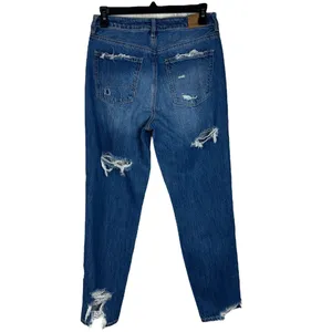 American Eagle SZ 4 Mom Jeans Hi-Rise Distressed Rips Zip-Fly Whiskered Blue thumbnail 6