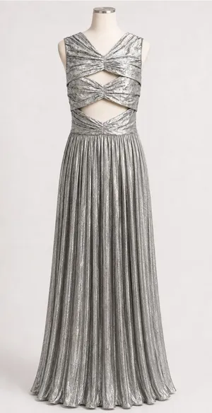 ML Monique Lhuillier Metallic Silver Cutout Bow Maxi Gown Size 4 NWOT thumbnail 1