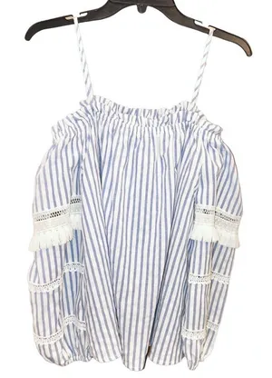 SugarLips Boho Cold Shoulder Tassel Lace Stripe‎ Top Blue White XS thumbnail 1