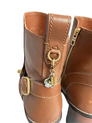 Coach Saddle Tan Leather Moto Buckle Heeled Ankle Booties Biker Size 8.5 Women's thumbnail 2