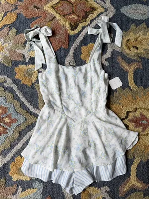 Altar'd State White & Light‎ Blue Floral Tie-Shoulder Romper thumbnail 1
