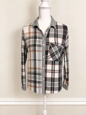 Aerie Patchwork Plaid Cotton Button Down Shirt Small Oversized Fall Top Everyday thumbnail 2