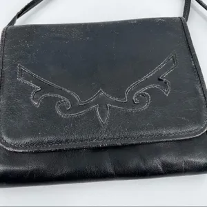 Vintage black leather cross‎ Body purse bag shoulder bag Tooled mid century thumbnail 2