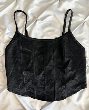 Black Faux Leather Corset Crop Top with Spaghetti Straps thumbnail 1